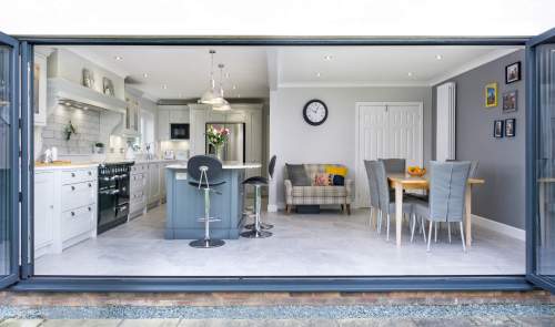 open plan kitchen with bi-fold windows